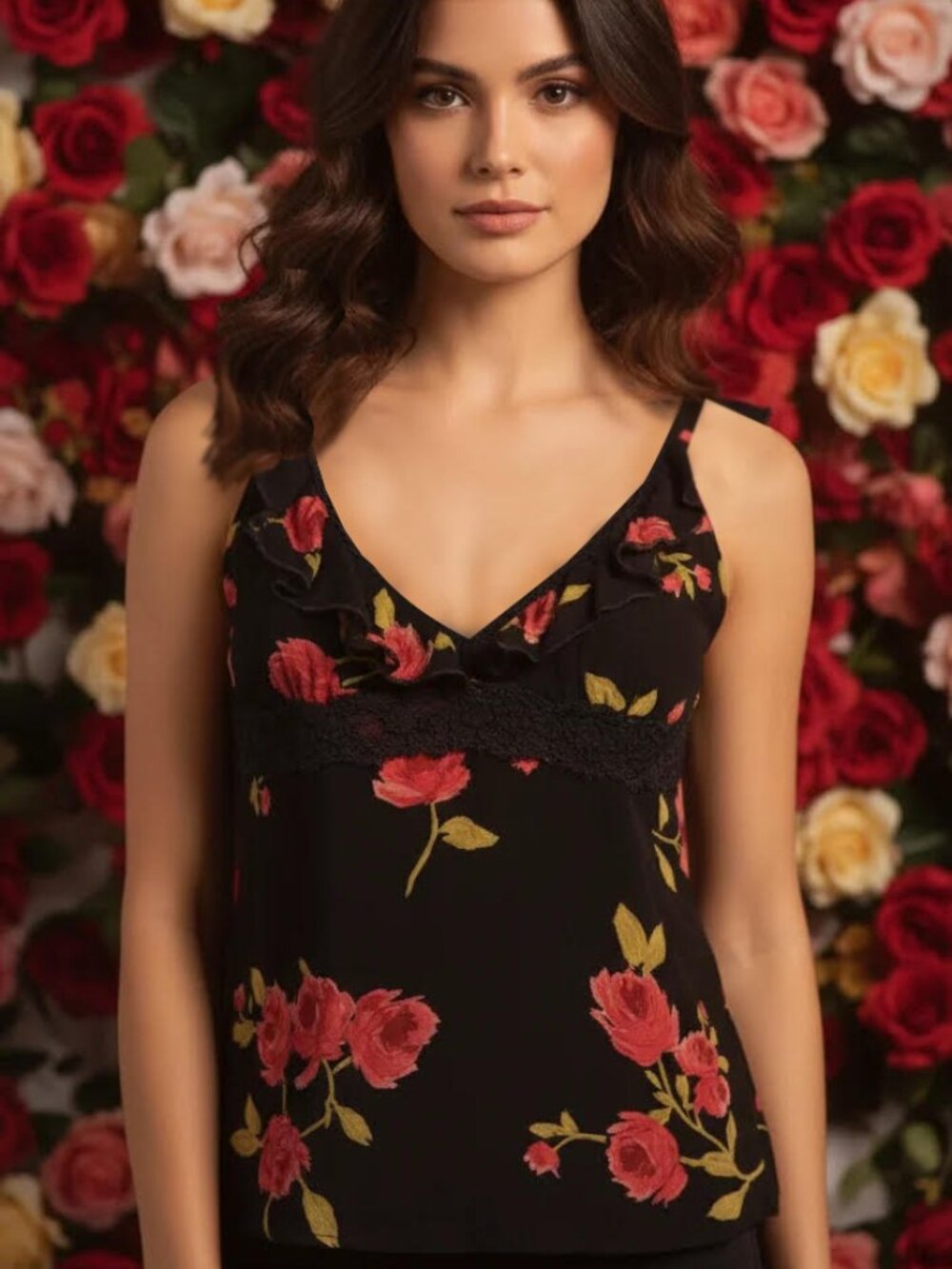 Guess Rose Flower Tank Spaghetti Strap Shirt Black Small S